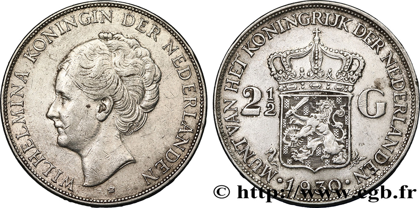 PAYS-BAS 2 1/2 Gulden Wilhelmina 1930  TTB 
