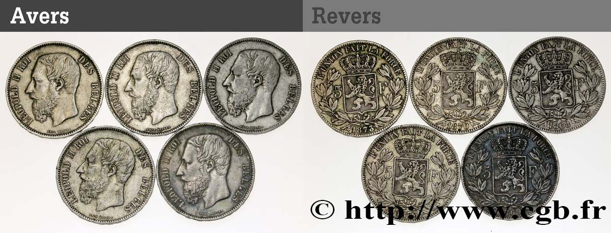 BÉLGICA Lot de 5 monnaies de 5 Francs Léopold II 1867-1876  BC 