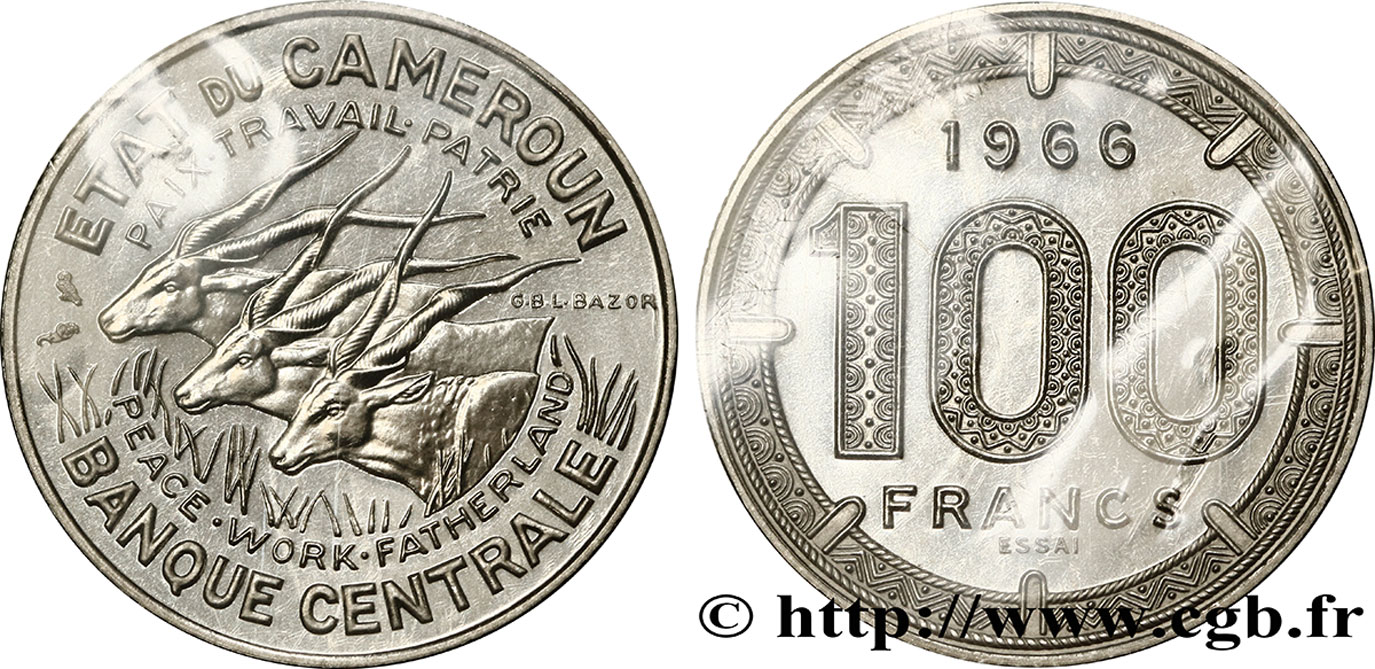 CAMEROUN Essai de 100 Francs Etat du Cameroun, commémoration de l’indépendance, antilopes 1966 Paris FDC 