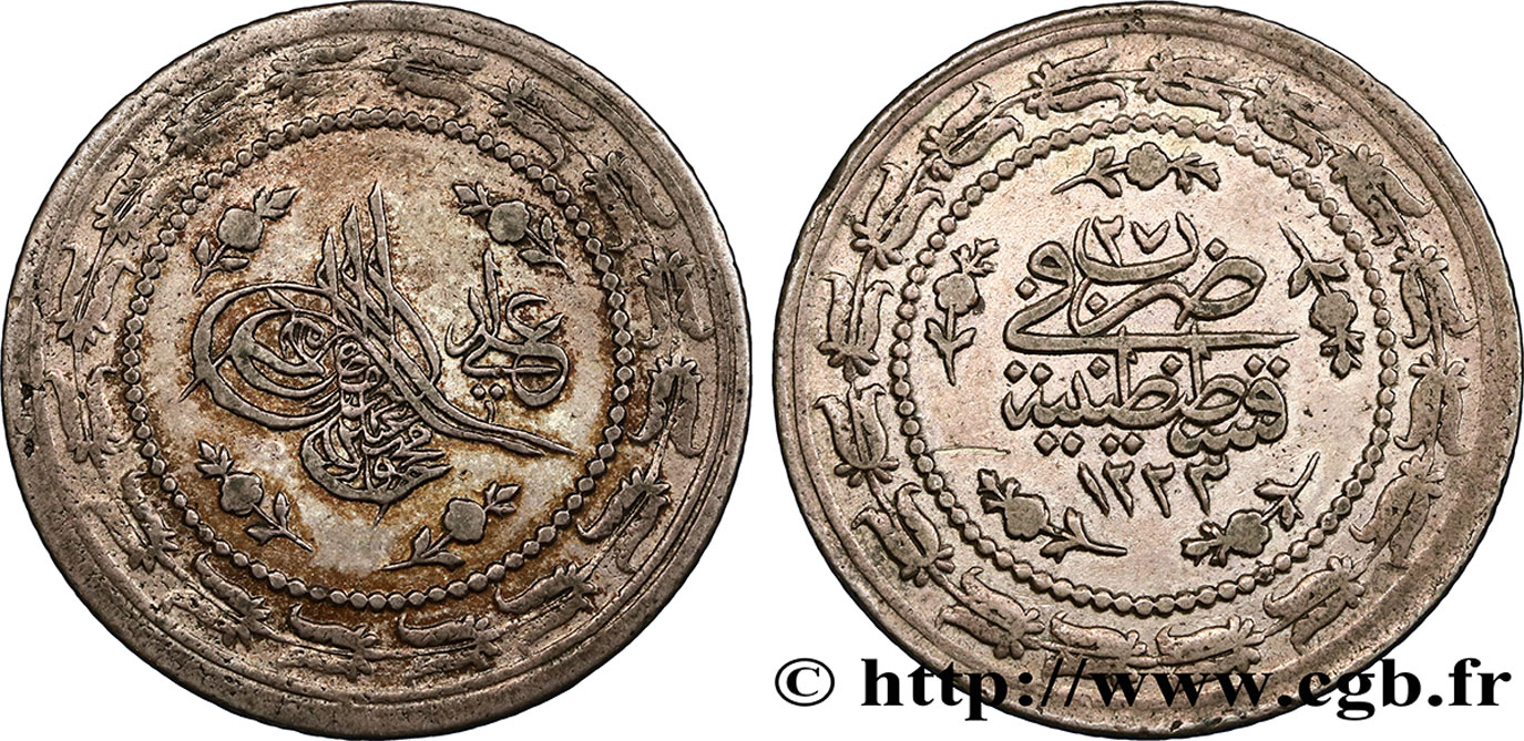 TURQUIE 6 Kurush frappe au nom de Mahmud II AH1223 an 27 1833 Constantinople TTB+ 
