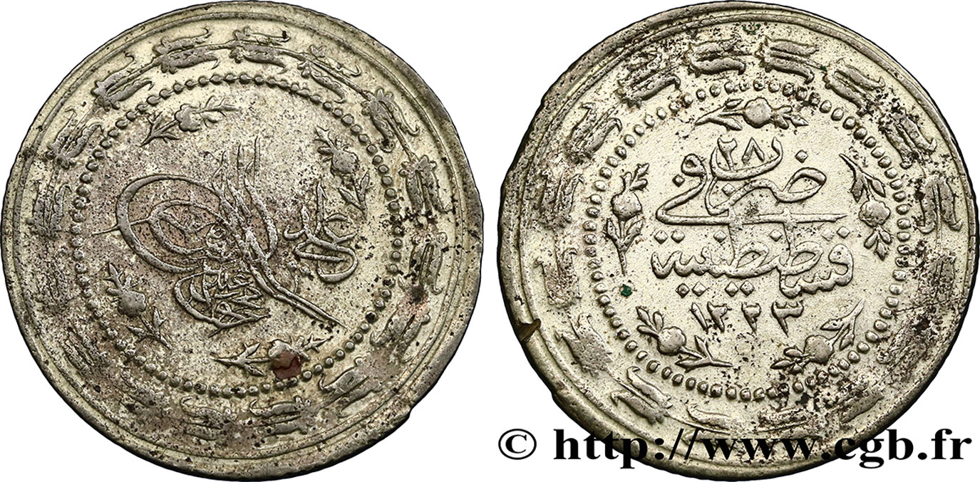 TURQUIE 6 Kurush frappe au nom de Mahmud II AH1223 an 28 1834 Constantinople TB+ 