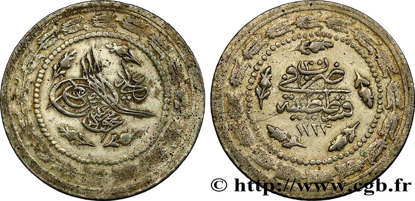 TURQUIE 6 Kurush frappe au nom de Mahmud II AH1223 an 30 1836 Constantinople TTB 