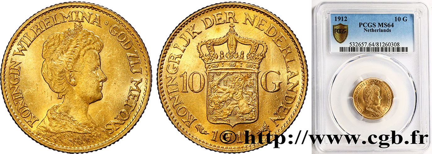 PAYS-BAS 10 Gulden, 3e type Wilhelmina 1912 Utrecht SPL64 PCGS