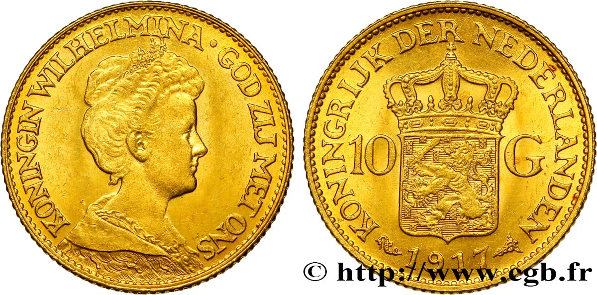 PAYS-BAS 10 Gulden, 3e type Wilhelmina 1917 Utrecht SPL 