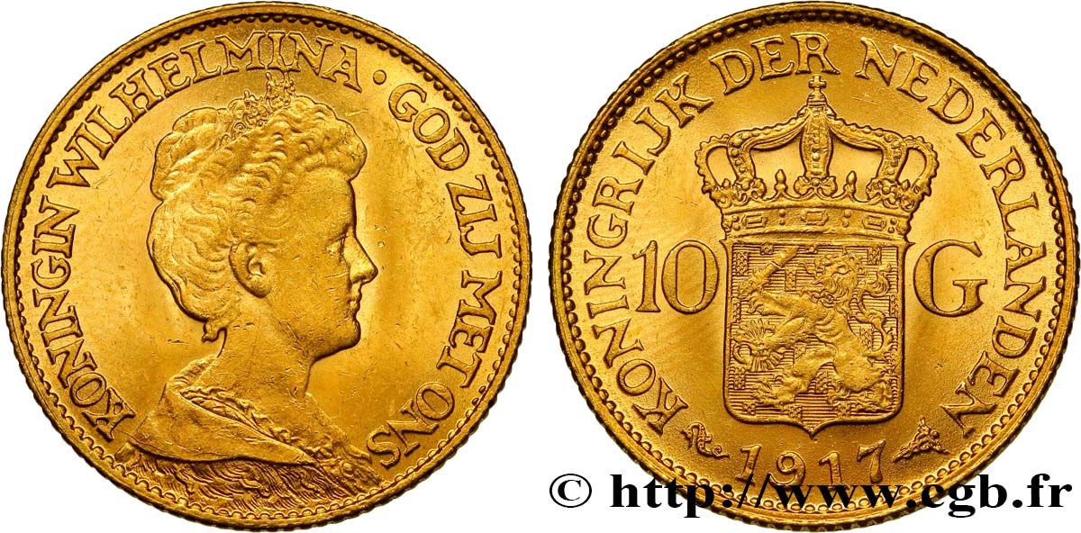 NIEDERLANDE 10 Gulden, 3e type Wilhelmina 1917 Utrecht fST 