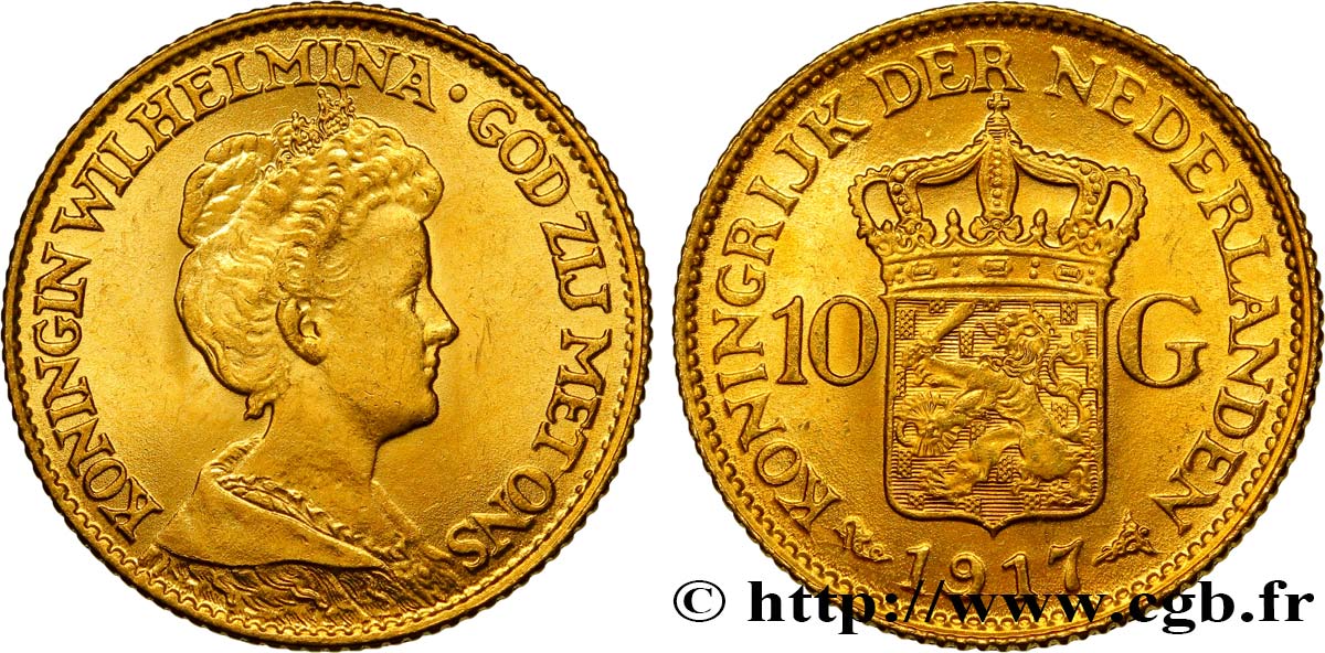 PAYS-BAS 10 Gulden, 3e type Wilhelmina 1917 Utrecht SPL 