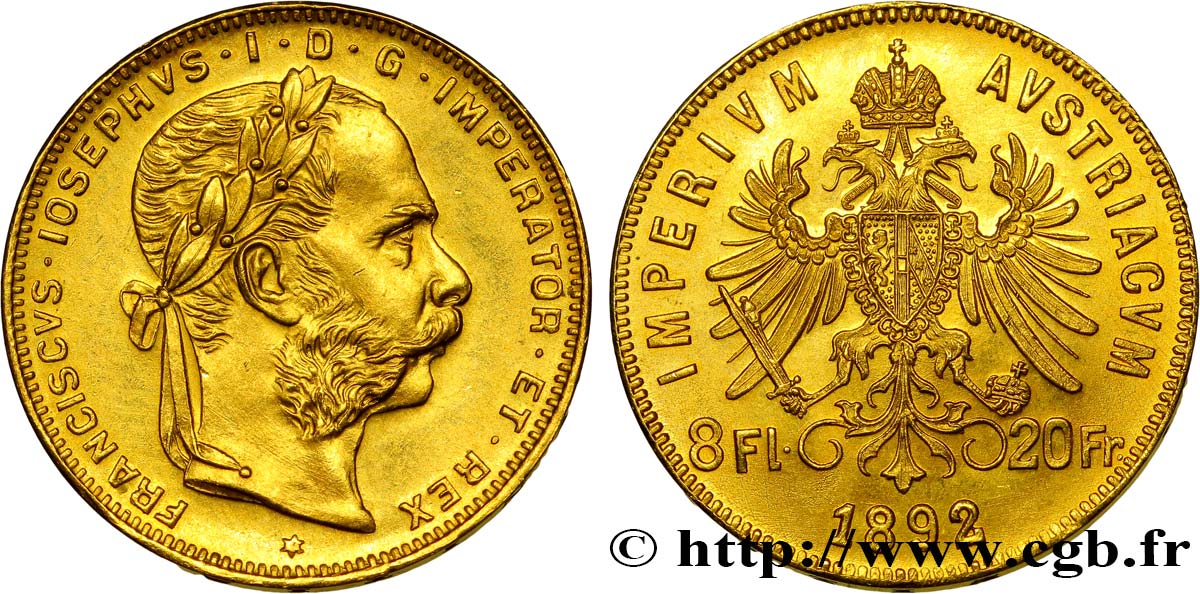 AUTRICHE 8 Florins ou 20 Francs or François-Joseph Ier 1892 Vienne SPL 