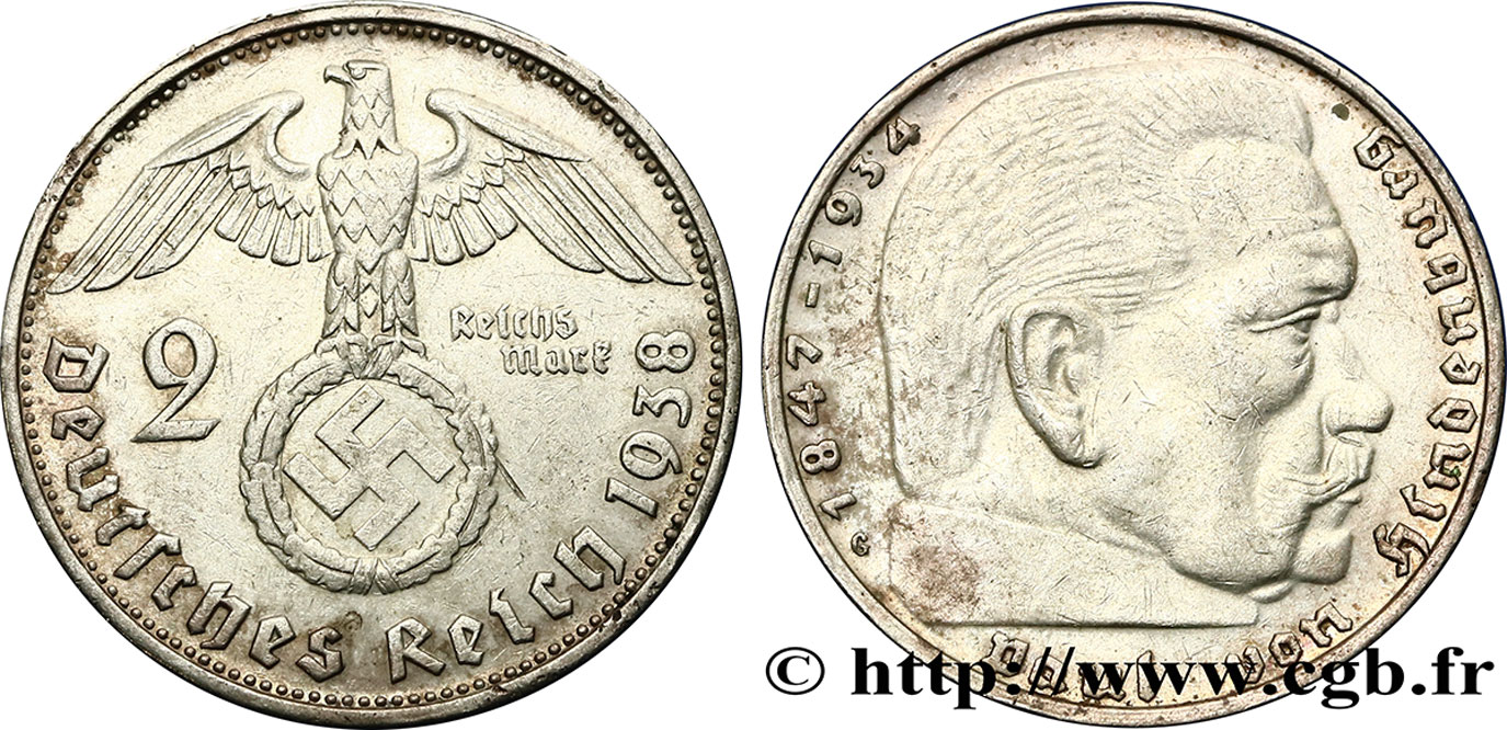 ALLEMAGNE 2 Reichsmark aigle surmontant une swastika / Maréchal Paul von Hindenburg 1938 Karlsruhe - G TTB 