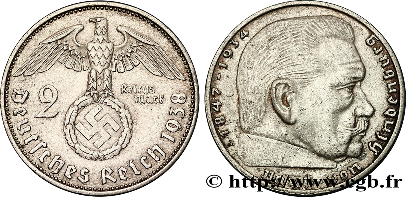 ALLEMAGNE 2 Reichsmark aigle surmontant une swastika / Maréchal Paul von Hindenburg 1938 Berlin TTB 