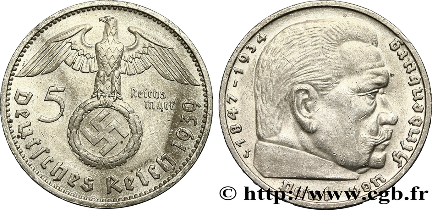 ALLEMAGNE 5 Reichsmark aigle surmontant une swastika / Maréchal Paul von Hindenburg 1939 Hambourg - J SUP 