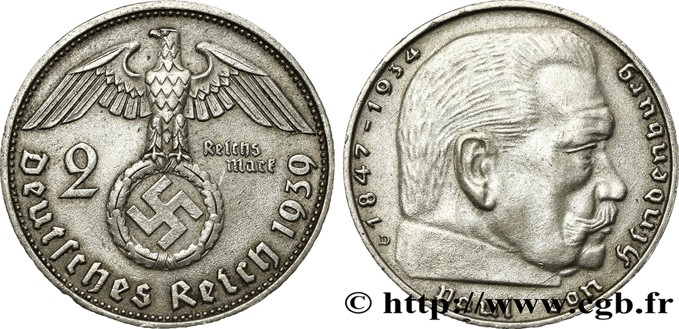 ALLEMAGNE 2 Reichsmark aigle surmontant une swastika / Maréchal Paul von Hindenburg 1939 Munich  TTB+ 