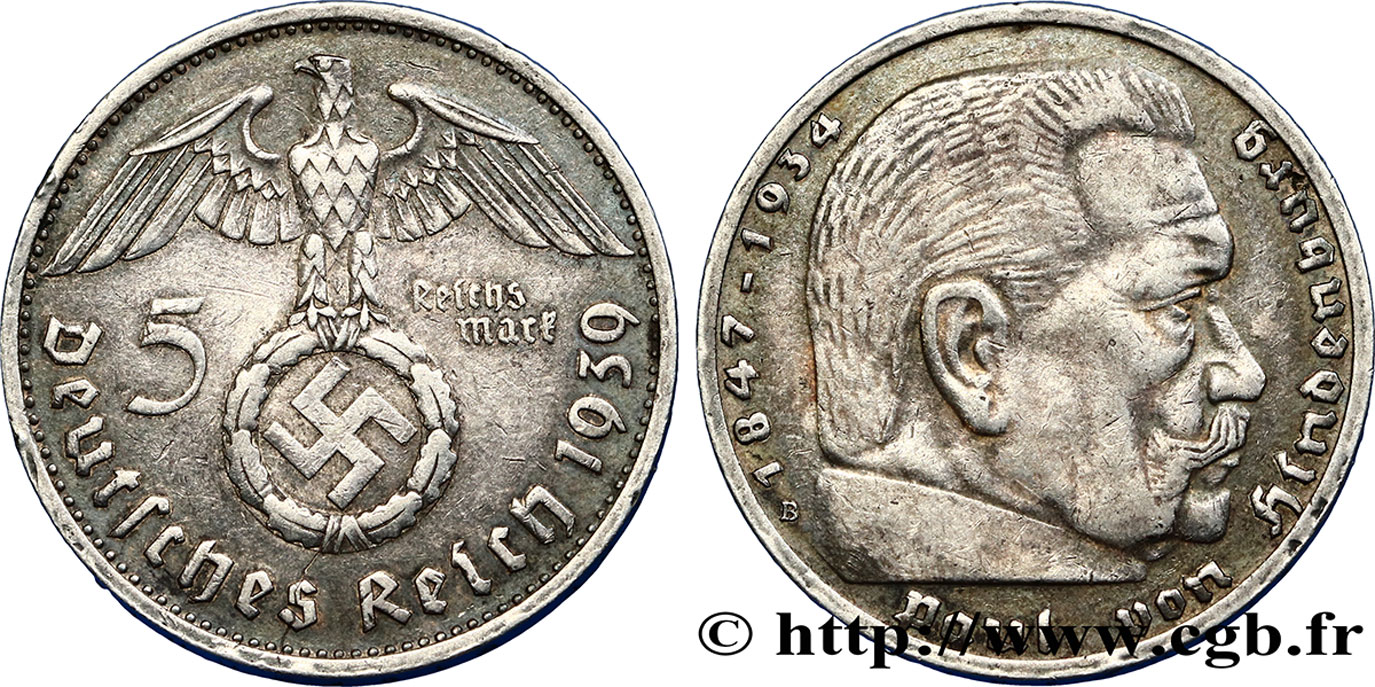 ALLEMAGNE 5 Reichsmark aigle / Maréchal Paul von Hindenburg 1939 Vienne TTB 