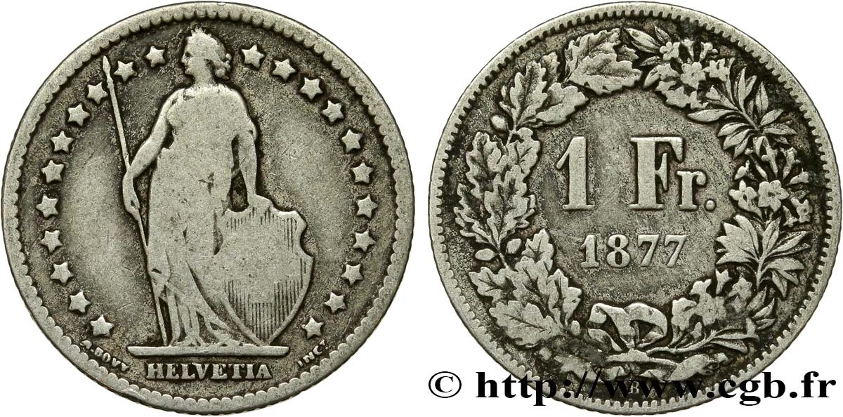 SUISSE 1 Franc Helvetia 1877 Berne TB+ 