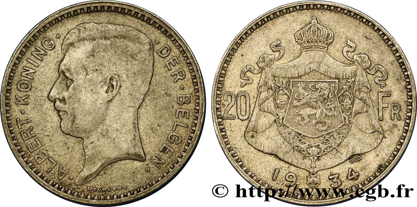 BELGIO 20 Francs Albert Ier légende Flamande position A 1934  BB 