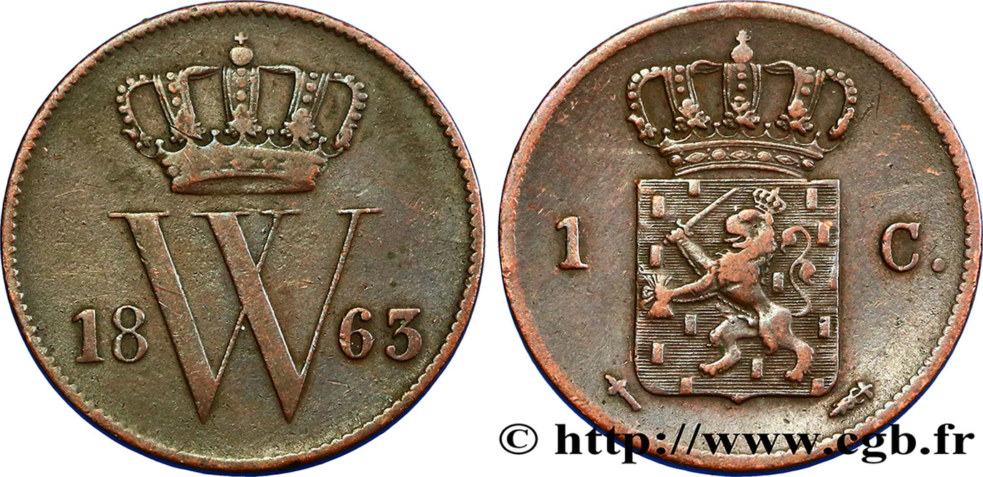 NETHERLANDS 1 Cent emblème monogramme de Guillaume III 1863 Utrecht XF 