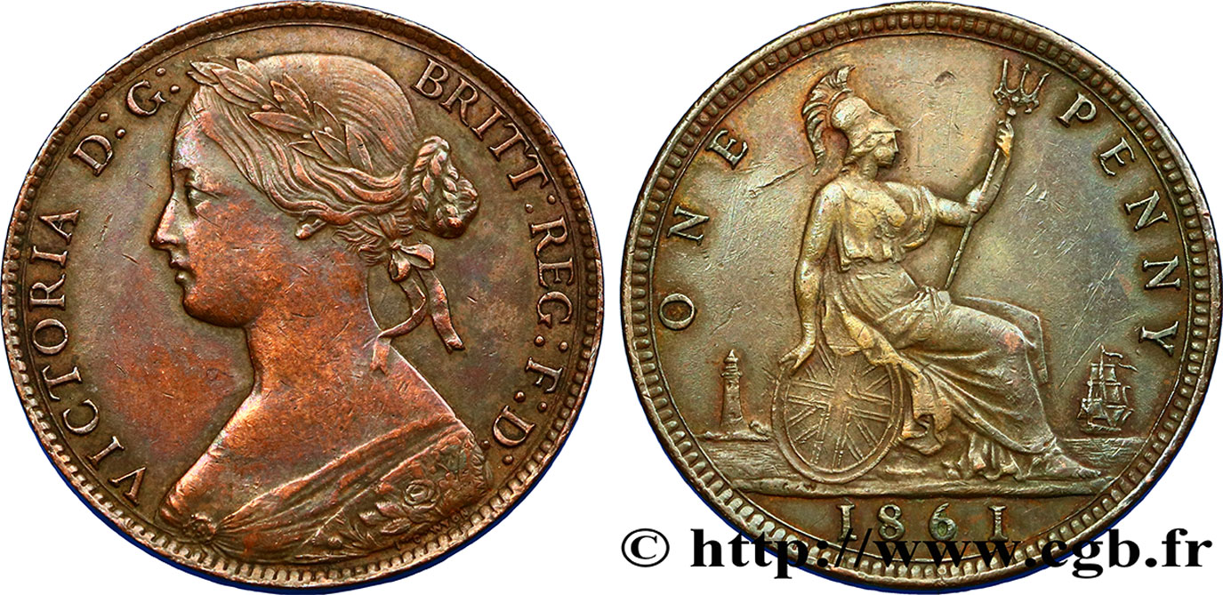 ROYAUME-UNI 1 Penny Victoria “Bun Head” 1861  TTB 