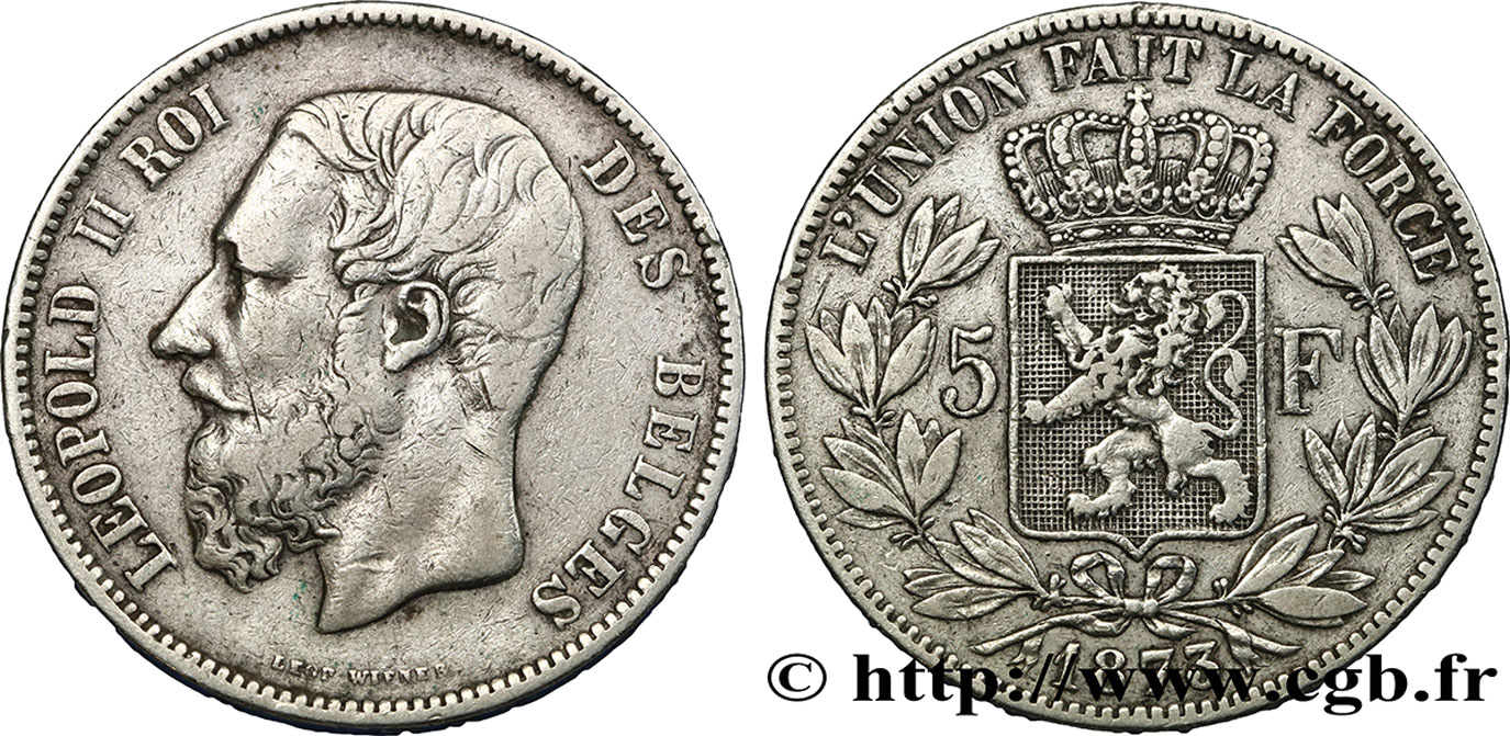 BELGIQUE 5 Francs Léopold II 1873  TB+ 