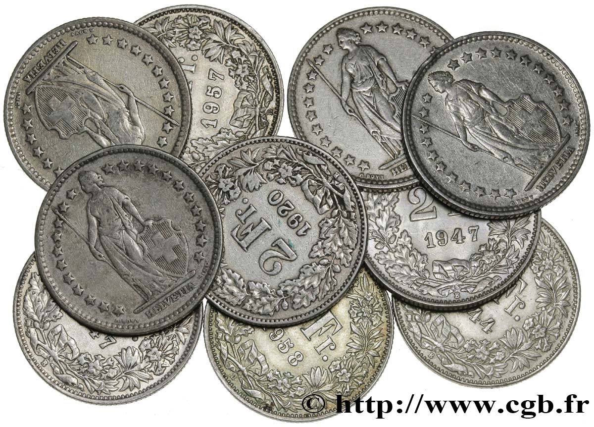 SUISSE Lot de 10 pièces de 2 Francs Helvetia n.d. Berne TB+ 