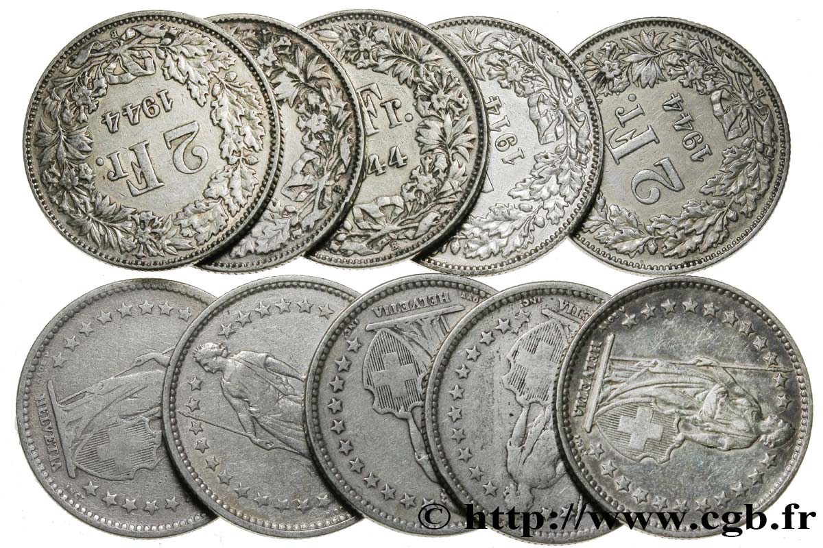 SUISSE Lot de 10 pièces de 2 Francs Helvetia n.d. Berne TB+ 