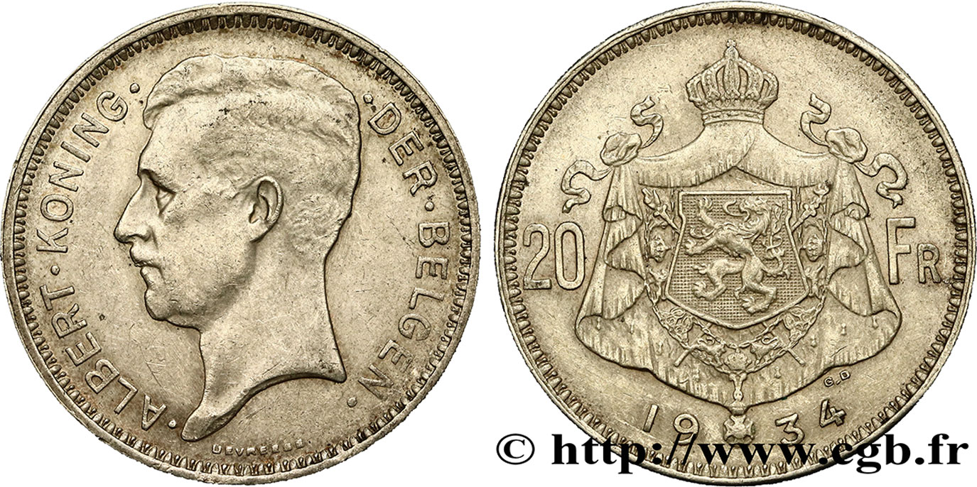 BELGIUM 20 Francs Albert Ier légende Flamande position A 1934  AU 