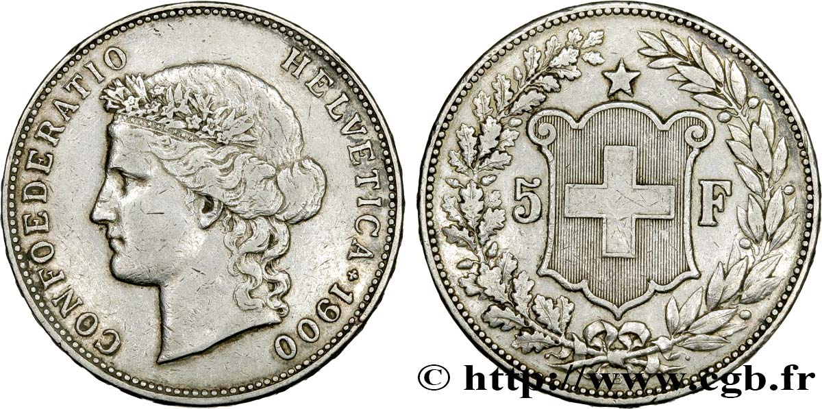 SUISSE 5 Francs Helvetia 1900 Berne TTB 