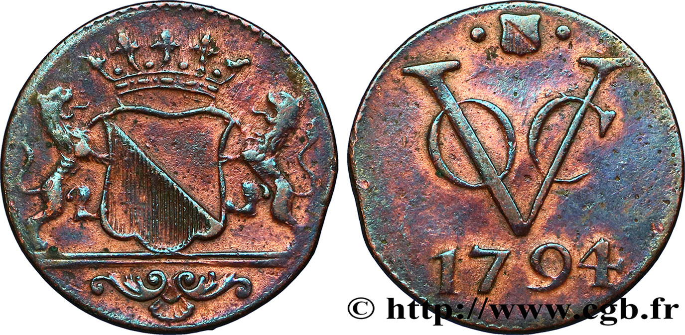 INDES NEERLANDAISES 1 Duit armes d’Utrecht / monogramme de la Verenigde Oost-Indische Compagnie (VOC) 1794  TTB 
