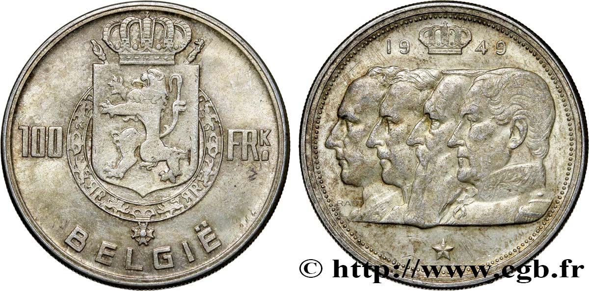 BELGIQUE 100 Francs bustes des quatre rois de Belgique, légende flamande 1949  SUP 