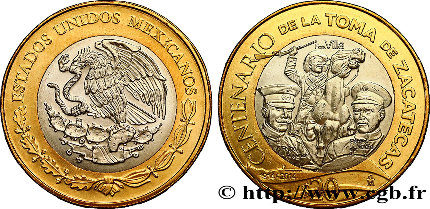 MEXIQUE 20 Pesos centenaire de la prise de Zacatecas 2014  SPL 