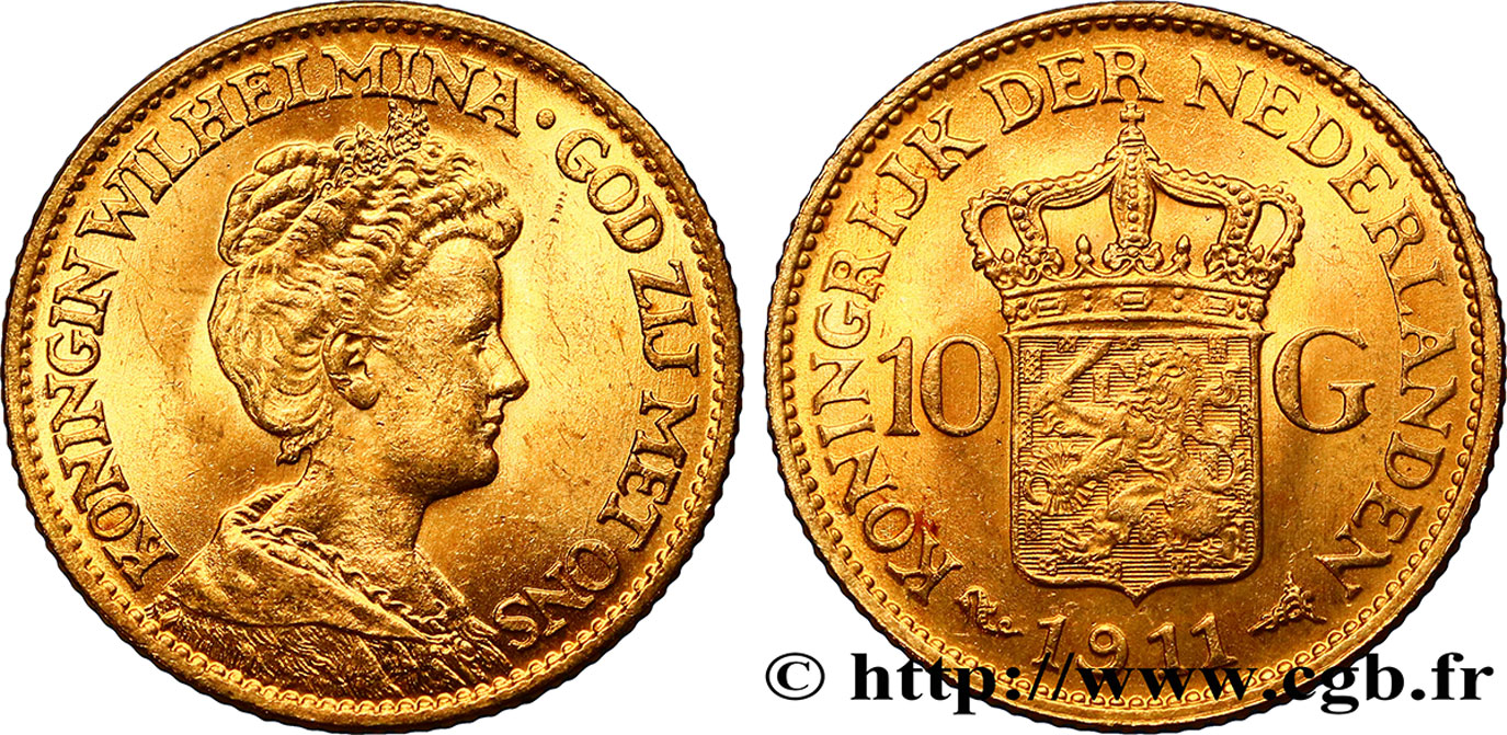PAYS-BAS 10 Gulden, 3e type Wilhelmina 1911 Utrecht SPL 