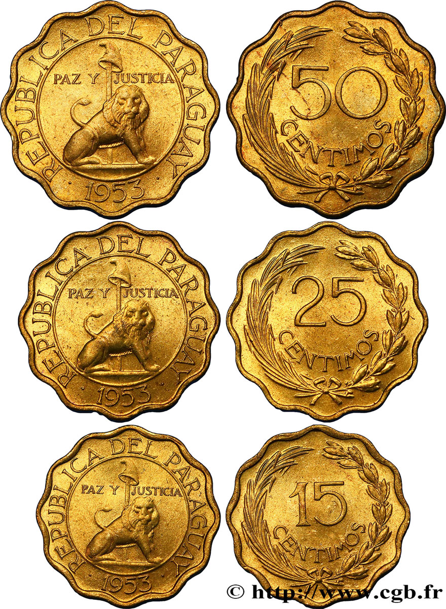 PARAGUAY Lot de 3 monnaies de 15, 25 et 50 Centimos 1953  SPL 