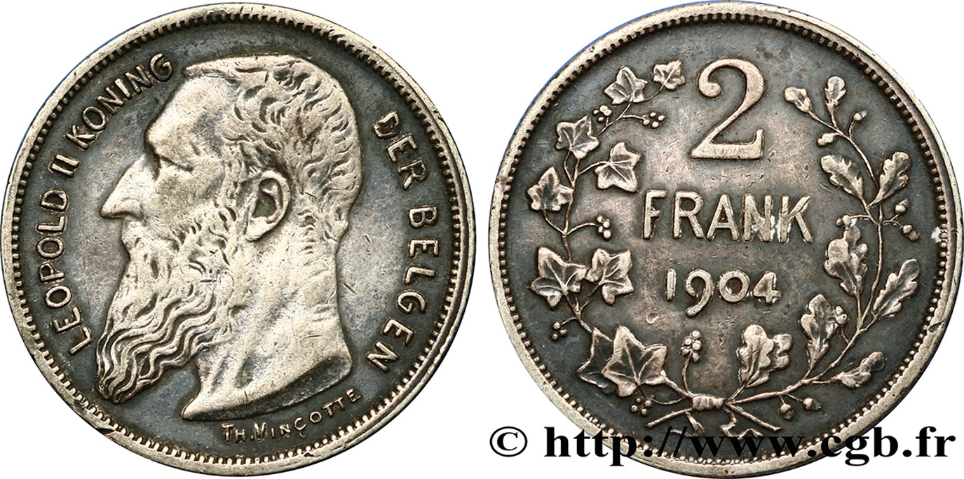 BELGIQUE 2 Francs Léopold II légende flamande 1904  TTB 