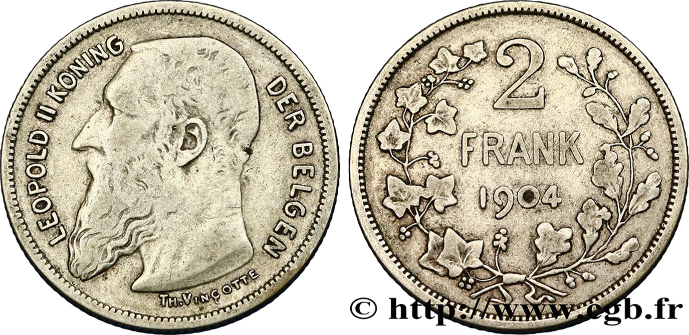 BELGIQUE 2 Francs Léopold II légende flamande 1904  TB+ 