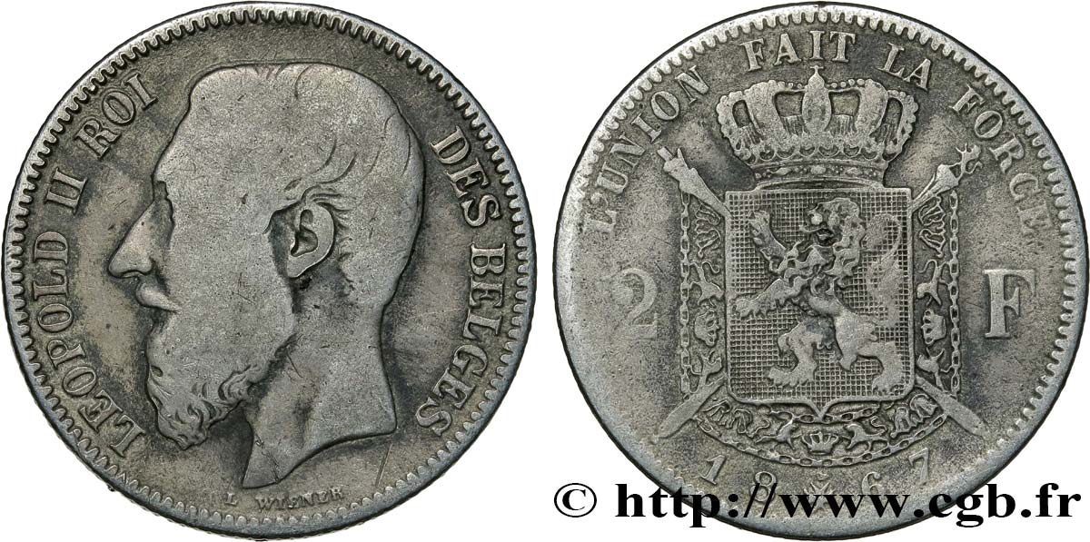 BELGIQUE 2 Francs Léopold II légende française 1867  TB 