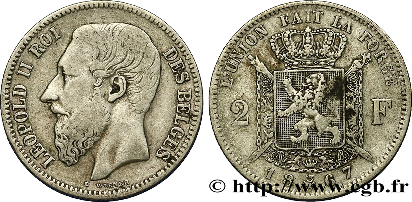 BELGIQUE 2 Francs Léopold II légende française 1867  TTB 