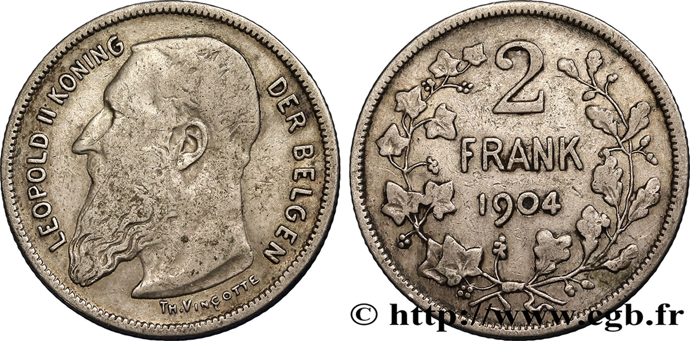 BELGIQUE 2 Francs Léopold II légende flamande 1904  TB+ 
