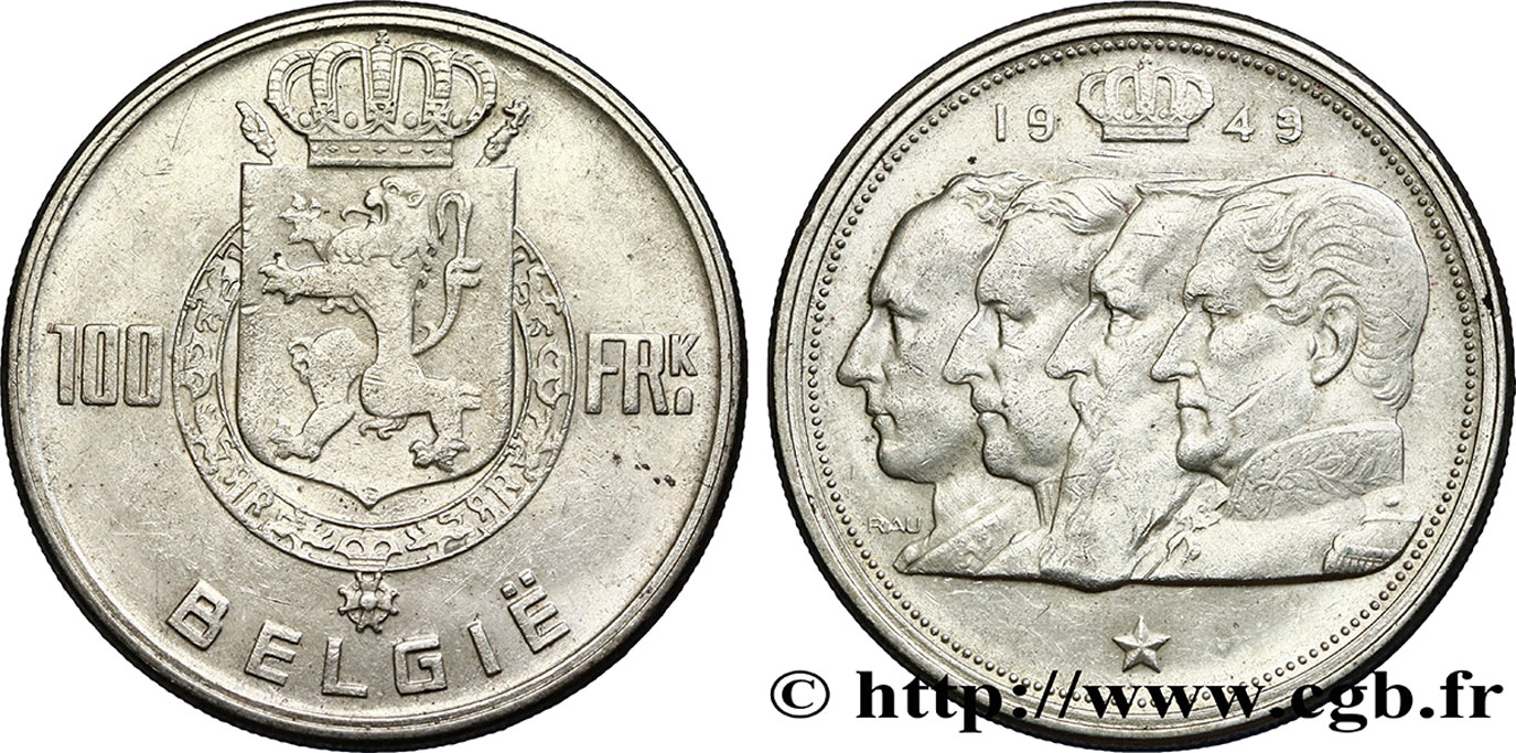 BELGIQUE 100 Francs bustes des quatre rois de Belgique, légende flamande 1949  SUP 