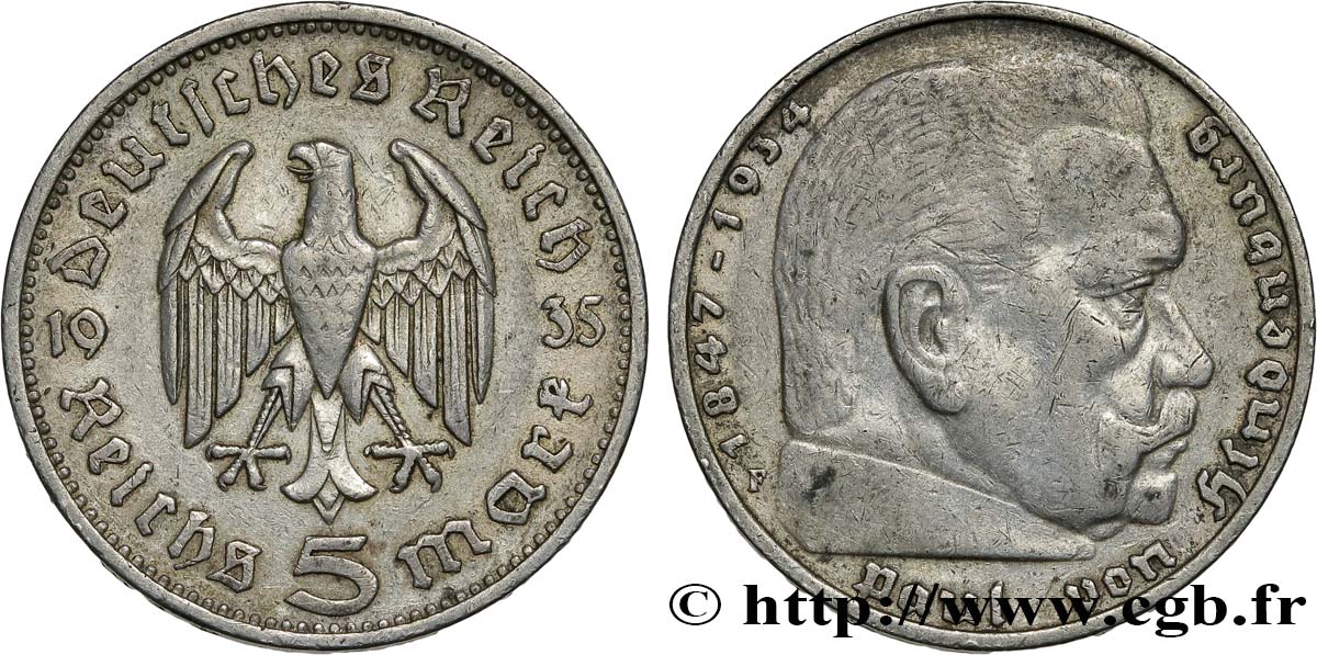 ALLEMAGNE 5 Reichsmark Aigle / Maréchal Paul von Hindenburg 1935 Stuttgart - F TTB 