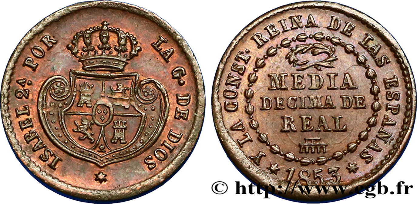 SPAIN 1/20 Real (Media Decima de Real) Isabelle II 1853 Ségovie AU