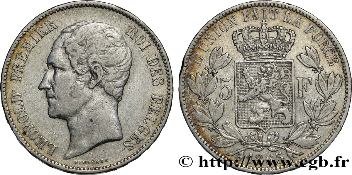 BELGIQUE 5 Francs Léopold Ier tête nue 1865  TTB 