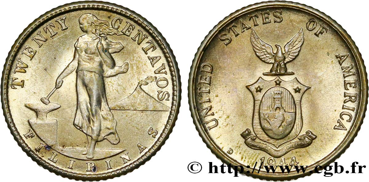 PHILIPPINES 20 Centavos - Administration Américaine 1944 Denver SPL 