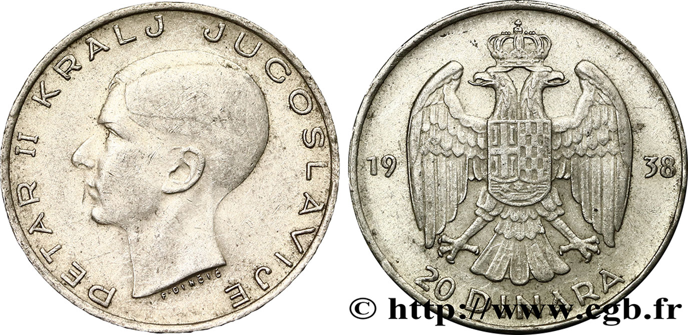 YOUGOSLAVIE 20 Dinara Pierre II 1938  TTB 