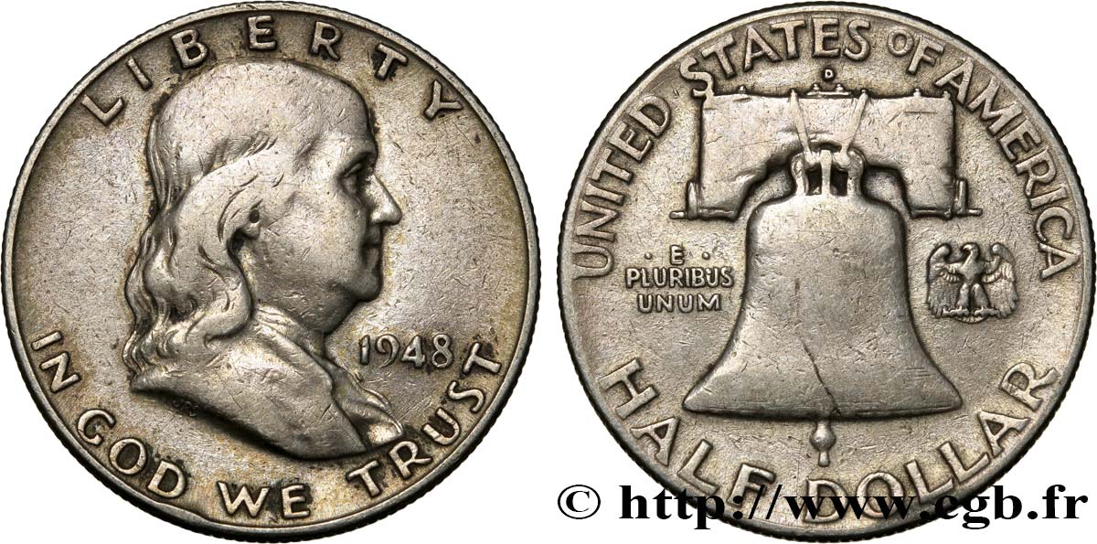 ÉTATS-UNIS D AMÉRIQUE 1/2 Dollar Benjamin Franklin 1948 Denver TB+ 