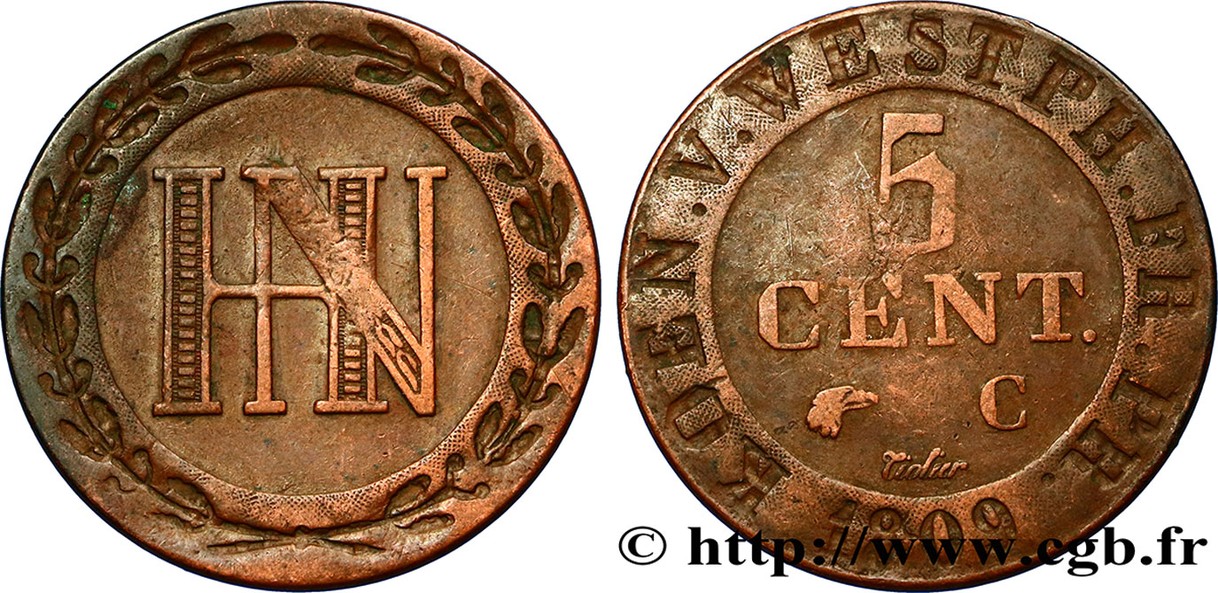 ALLEMAGNE - ROYAUME DE WESTPHALIE 5 Centimes monogramme de Jérôme Napoléon 1809  TTB 