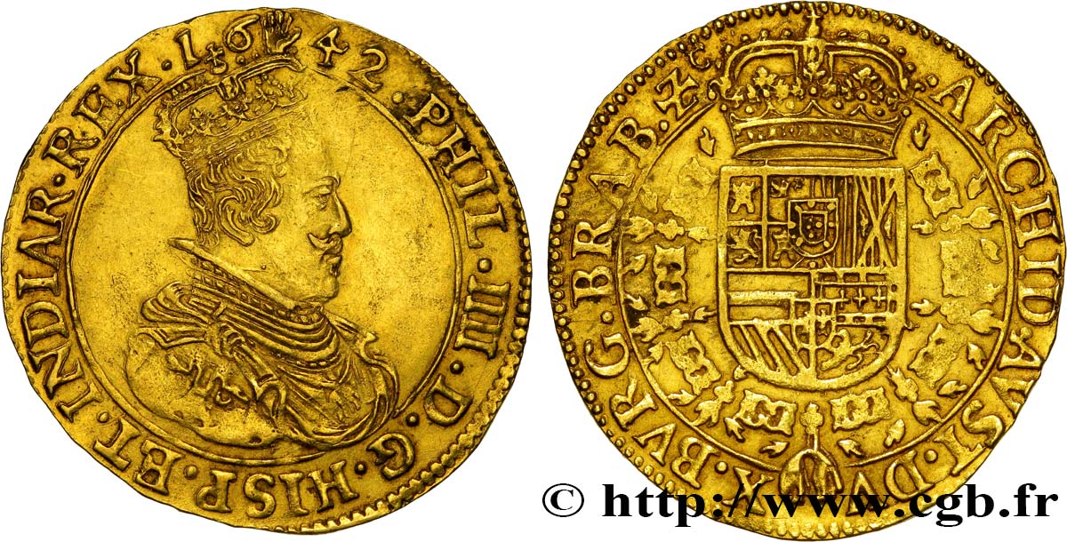 PAYS-BAS ESPAGNOLS - DUCHÉ DE BRABANT - PHILIPPE IV Double souverain d’or 1642 Anvers fVZ 