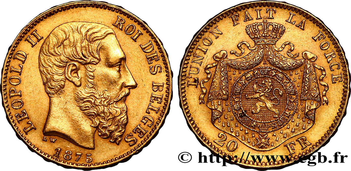 BELGIUM 20 Francs or Léopold II 1875 Bruxelles AU 