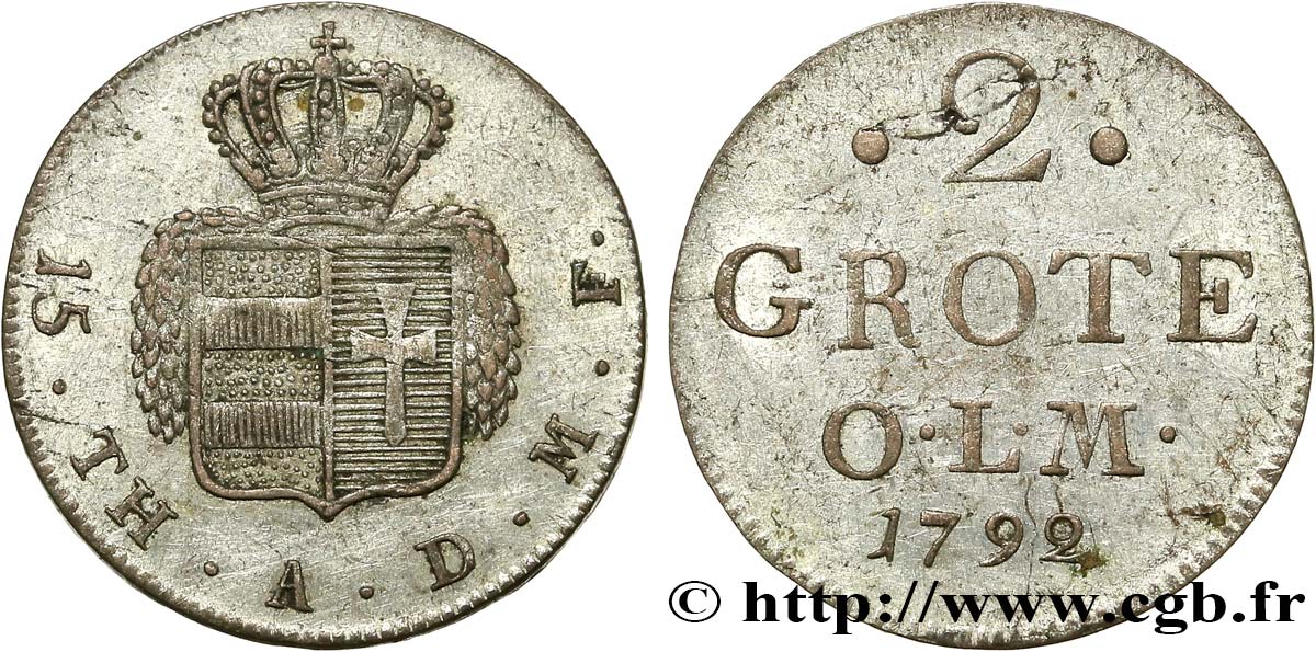 ALLEMAGNE - OLDENBOURG 2 Grote armes couronnée 1792  SUP 