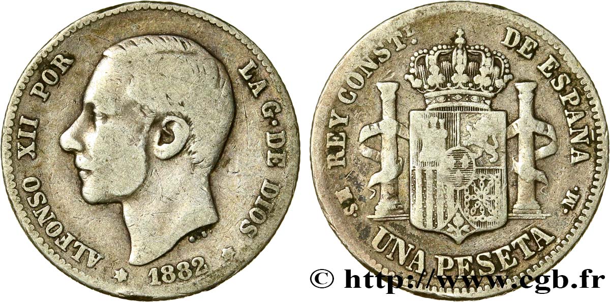 ESPAGNE 1 Peseta Alphonse XII  / emblème couronné (82) 1882 Madrid TB 