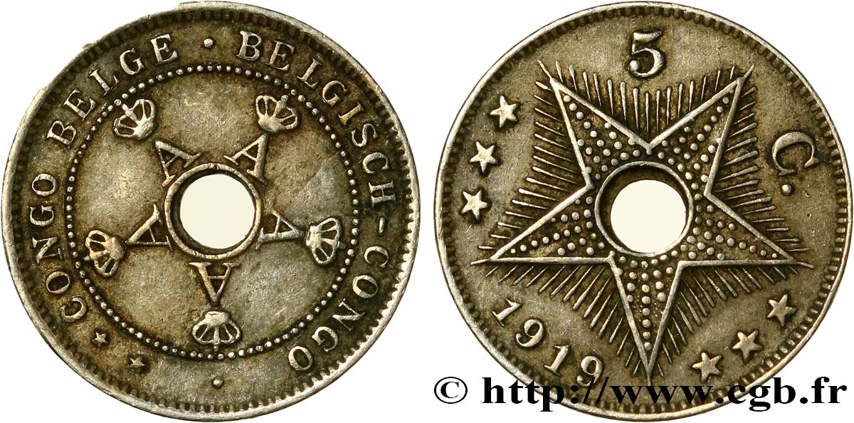 BELGIAN CONGO 5 Centimes monogrammes du roi Albert 1919 Heaton XF