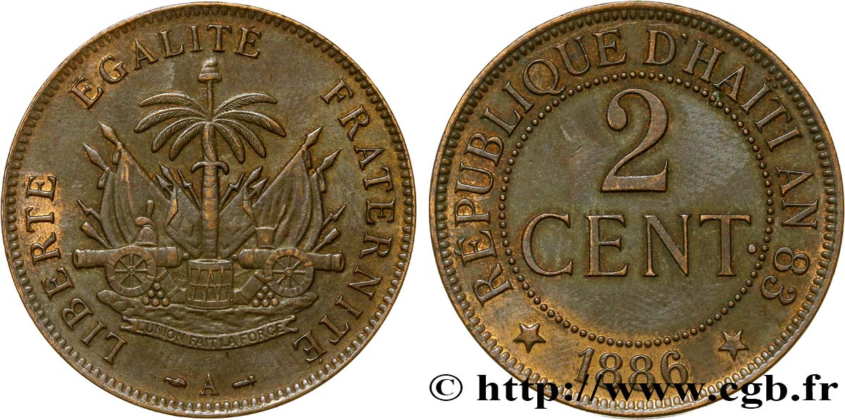HAÏTI 2 Centimes emblème 1886 Paris TTB 