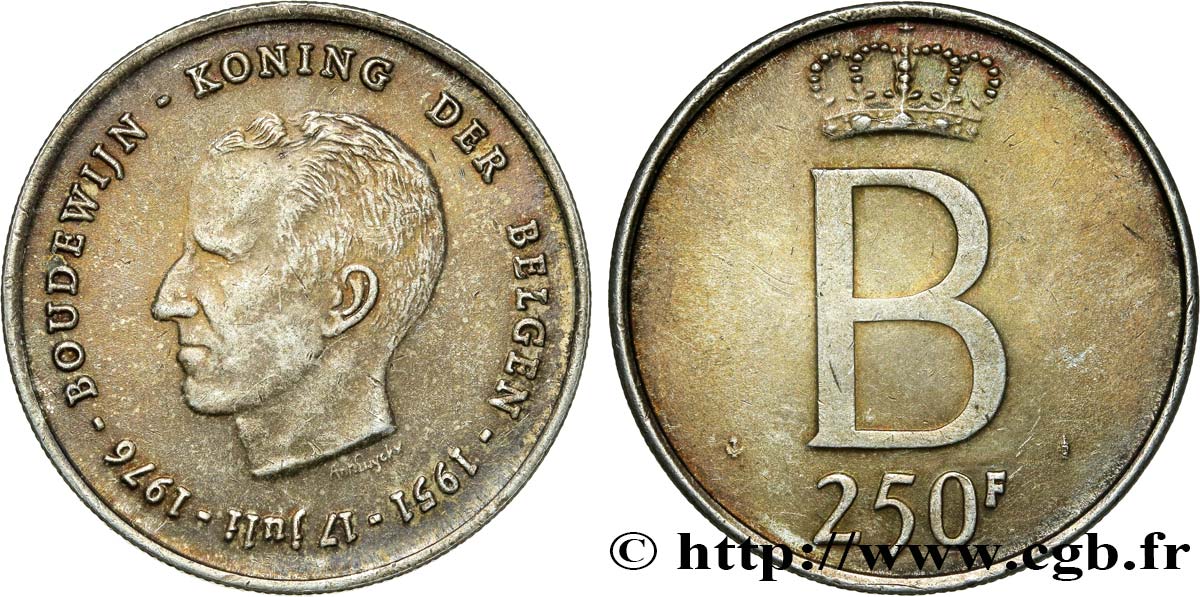 BELGIQUE 250 Francs jubilé d’argent du roi Baudouin légende flamande 1976 Bruxelles TTB+ 